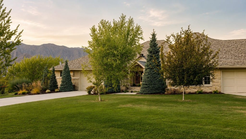 A well-kept Park City home with mature aspens, spruce trees, and a healthy lawn